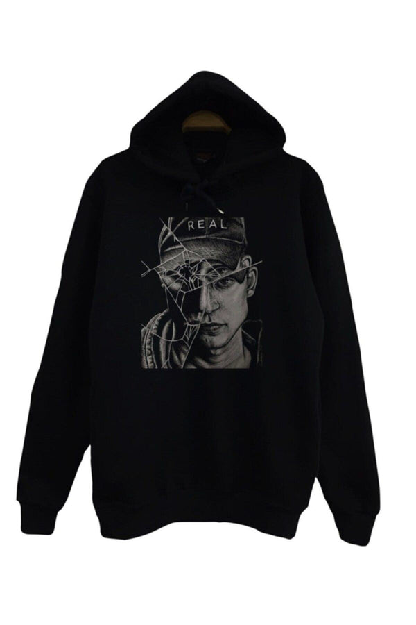 Nf Şapkalı erkek portresi baskılı siyah kapüşonlu sweatshirt