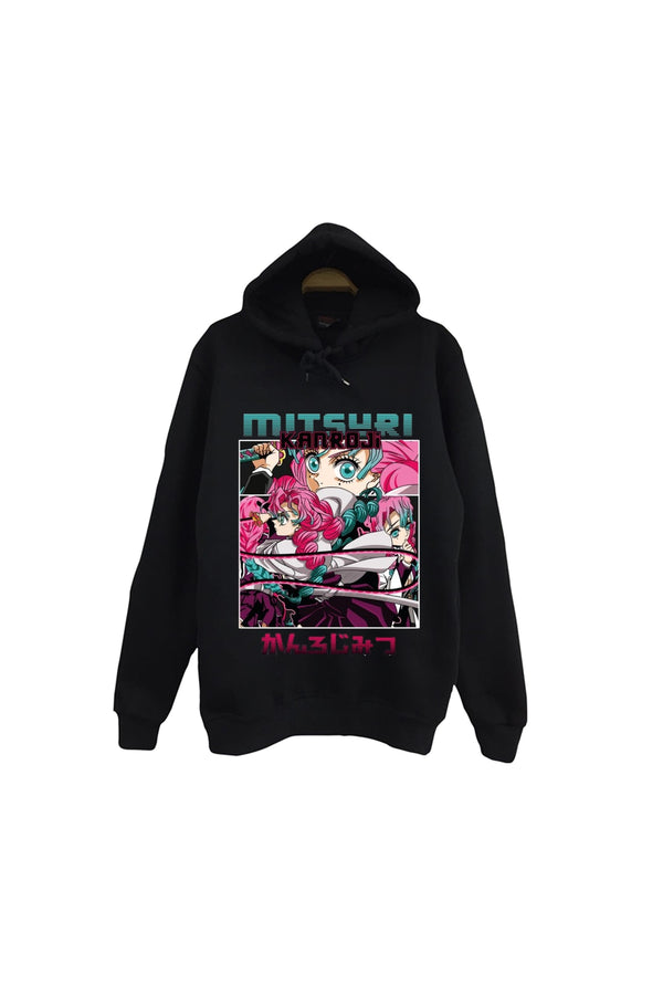 Demon Slayer - Mitsuri Kanroji - Anime Baskılı Unisex %100 Pamuk Kapüşonlu Sweatshirt – Siyah