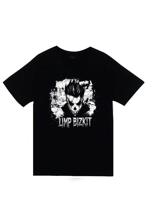 Limp Bizkit Siyah-beyaz portre baskılı siyah tişört
