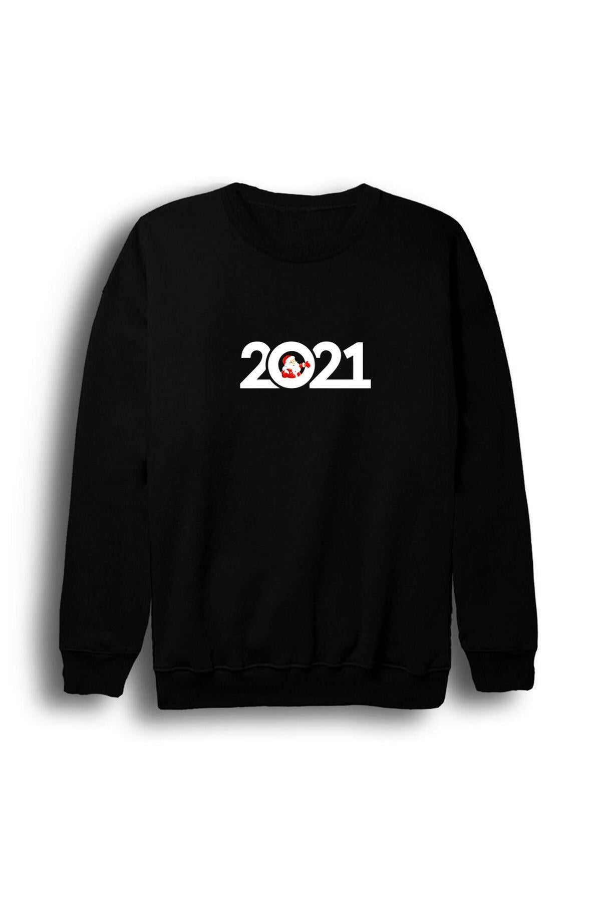 Unisex Siyah 2021 Yeni Yıl Baskılı Bisiklet Yaka Sweatshirt
