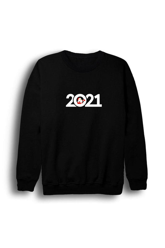 Unisex Siyah 2021 Yeni Yıl Baskılı Bisiklet Yaka Sweatshirt