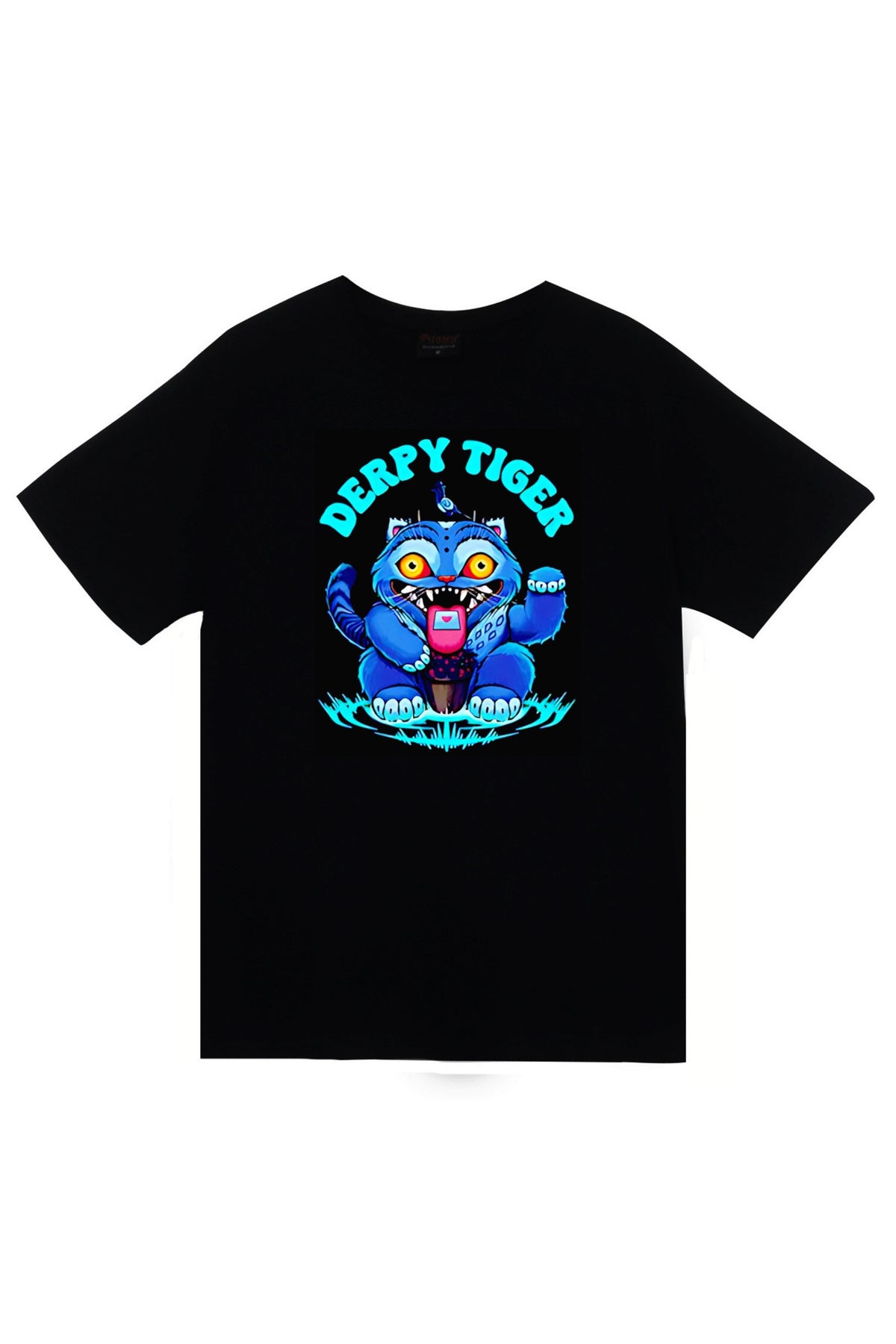 K-Pop Demon Hunters – Derpy Blue Tiger Baskılı Unisex %100 Pamuk Siyah T-shirt