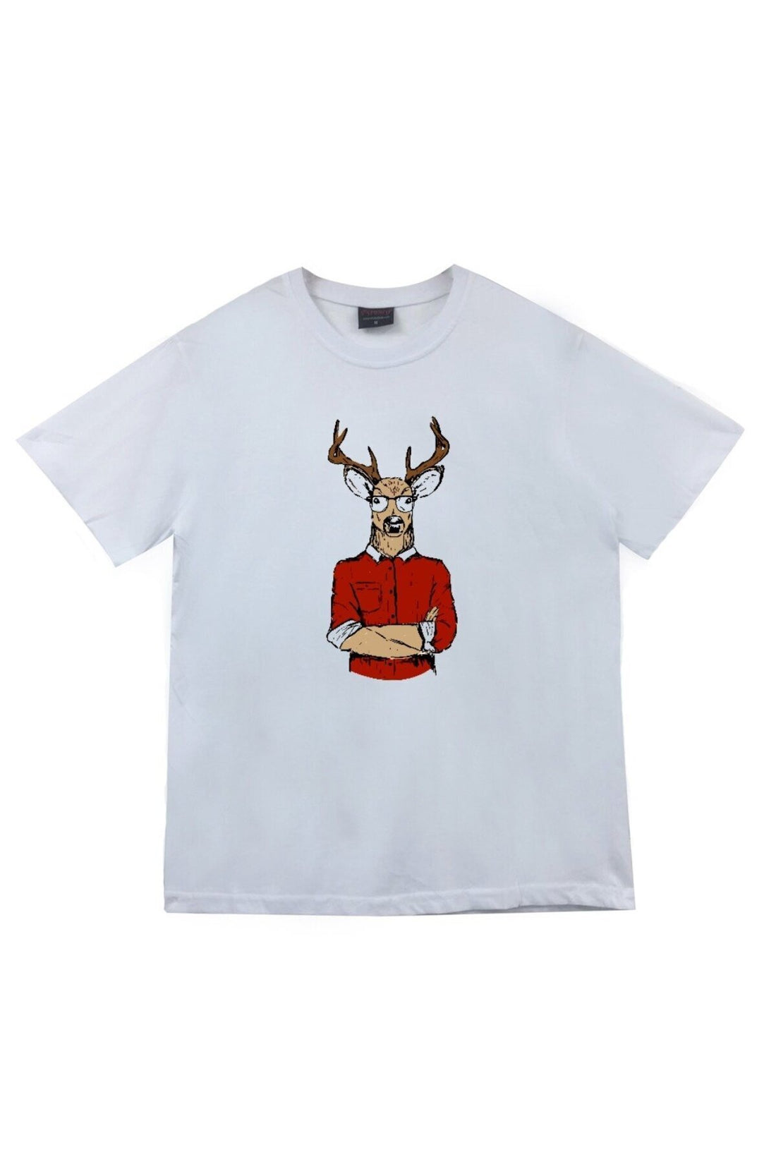 Unisex Beyaz Geyik Adam baskılı beyaz tişört