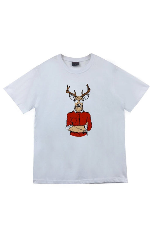 Unisex Beyaz Geyik Adam Baskılı T-shirt