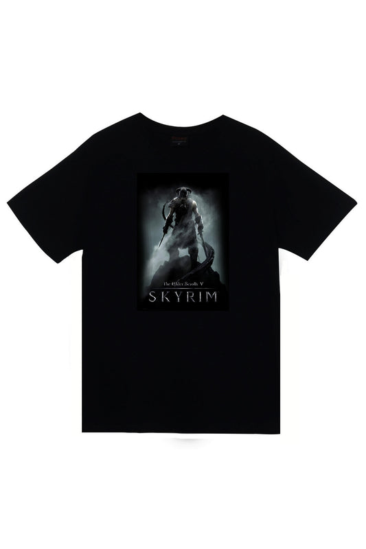 Skyrim Oyun Baskılı Unisex %100 Pamuk Siyah T-shirt
