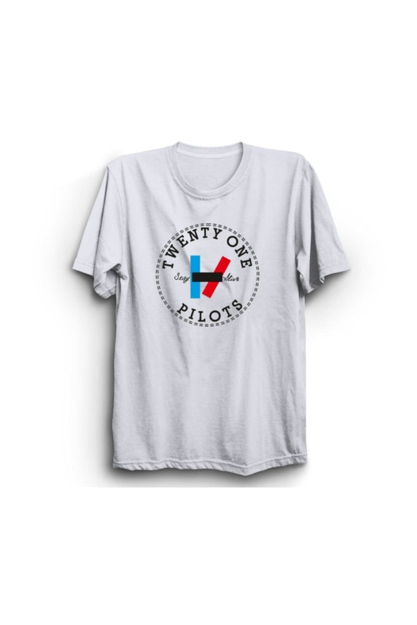 Twenty One Pilots Dairesel logo baskılı beyaz tişört