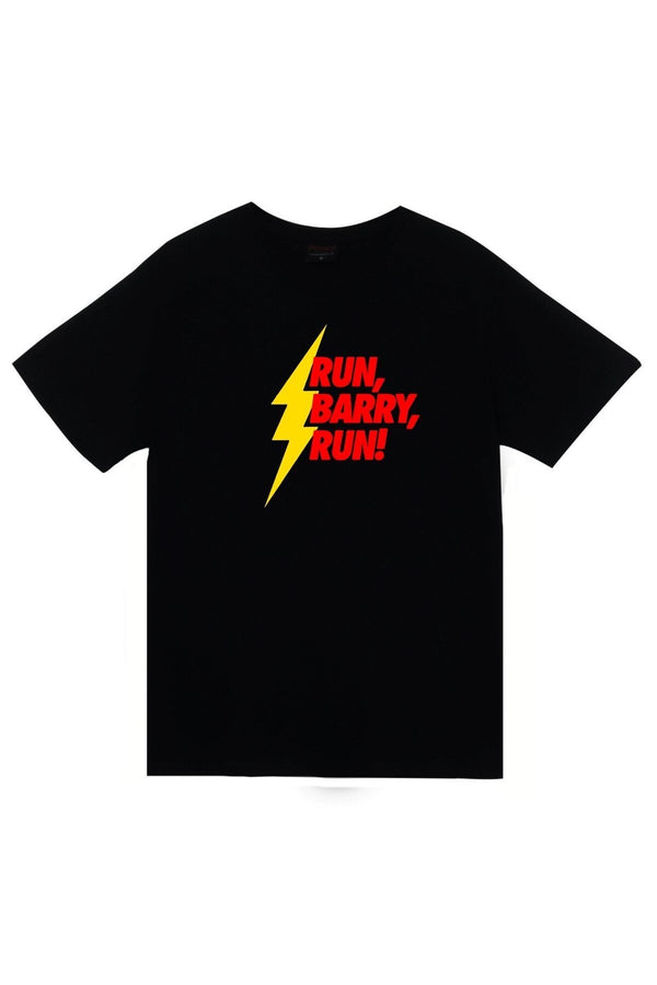 Unisex Siyah Run Barry Run baskılı siyah tişört