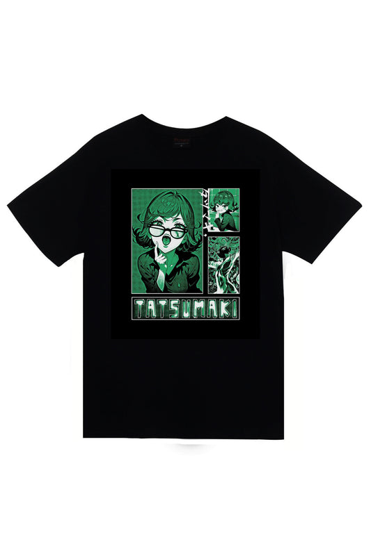 One Punch Man Tatsumaki Anime Baskılı Unisex %100 Pamuk Siyah T-shirt