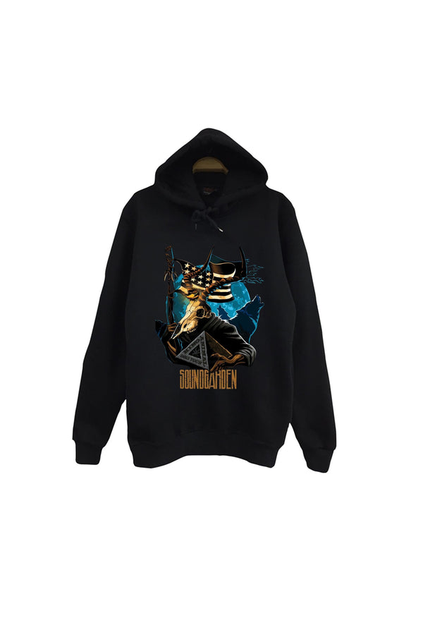 Soundgarden - Müzik Grubu Altın tonlu figüratif baskılı siyah kapüşonlu sweatshirt