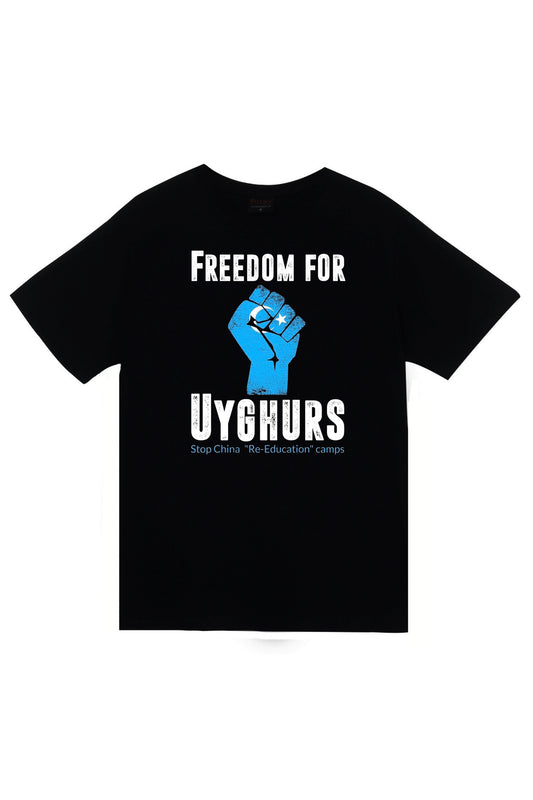 Uygur Türkleri İçin Özgürlük Doğu Türkistan Baskılı Unisex %100 Pamuk Siyah T-shirt
