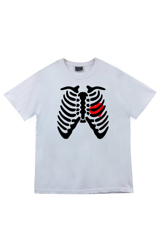 Unisex Beyaz İskelet Rib Cage Kurukafa Baskılı T-shirt