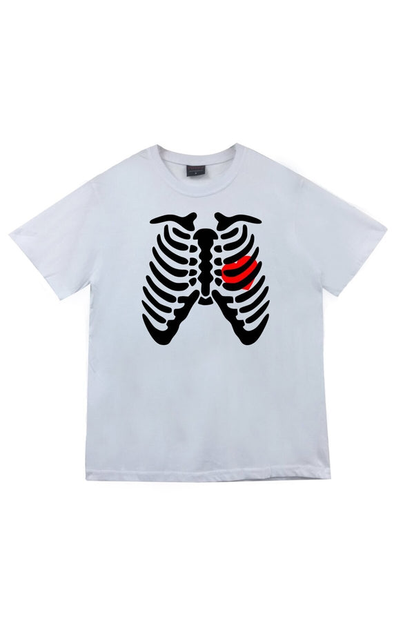 Unisex Beyaz İskelet Rib Cage Kurukafa baskılı beyaz tişört
