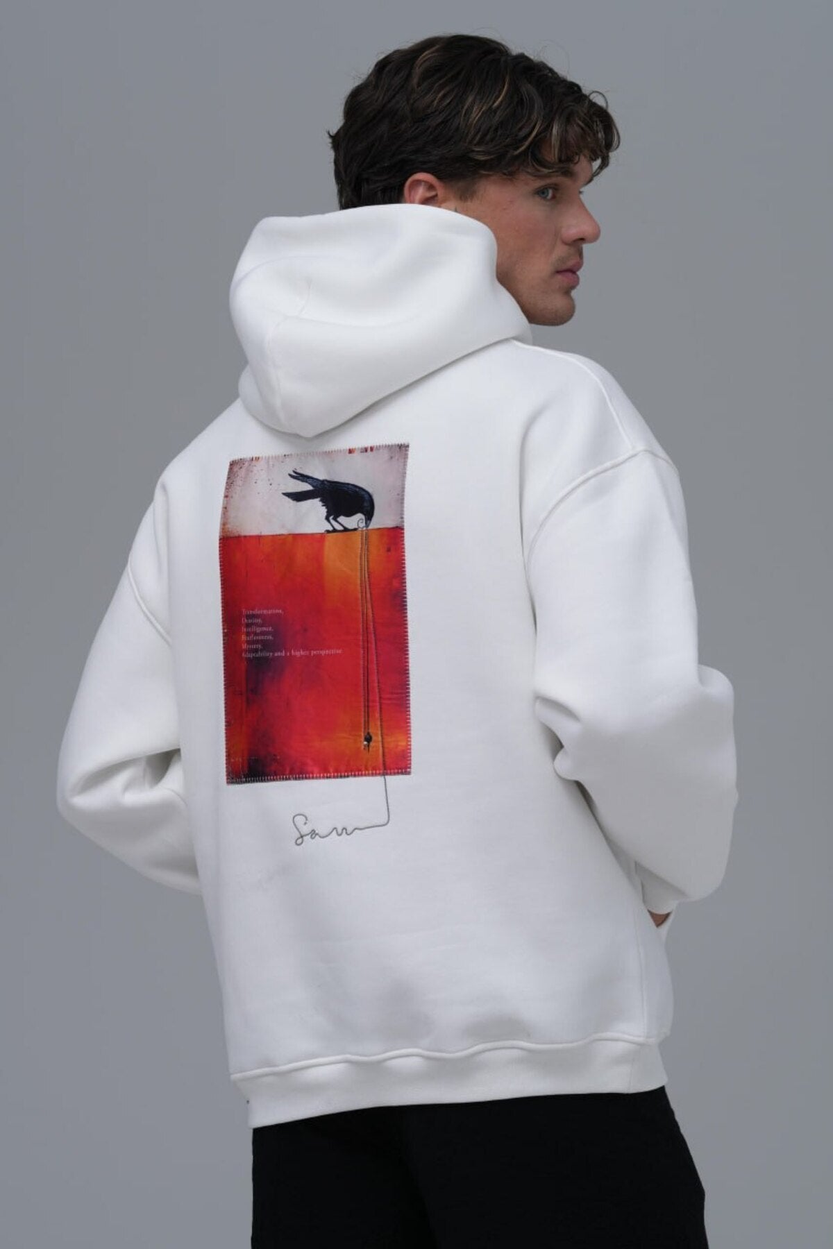 Karga Sol Logo, Sırt Baskılı, Baskılı,Nakışlı Unisex %100 Pamuk Kapüşonlu Beyaz Sweatshirt