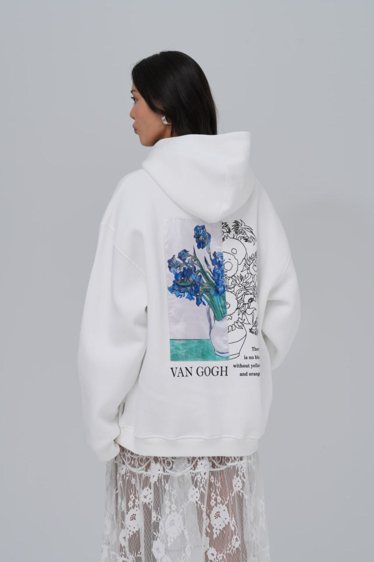 Vincent Van Gogh Baskılı,Nakışlı %100 Pamuk Kapüşonlu Beyaz Sweatshirt