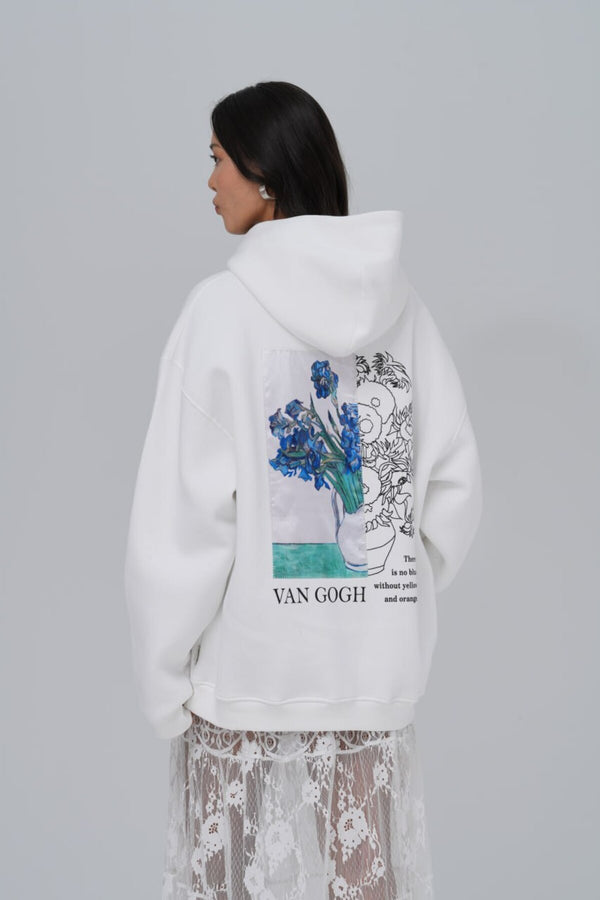 Vincent Van Gogh baskılı beyaz kapüşonlu sweatshirt