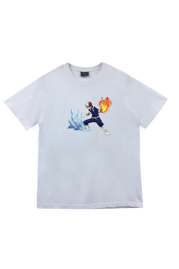 My Hero Academia Shoto Todoroki Anime ateş baskılı beyaz tişört