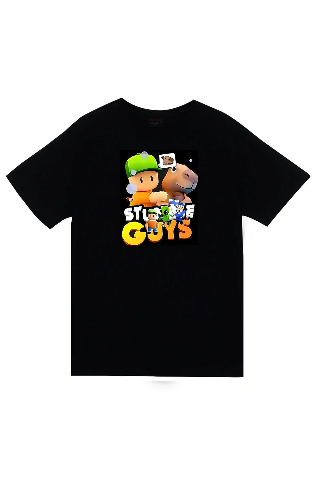 Stumble Guys Karakterleri ve oyun logosu baskılı siyah tişört