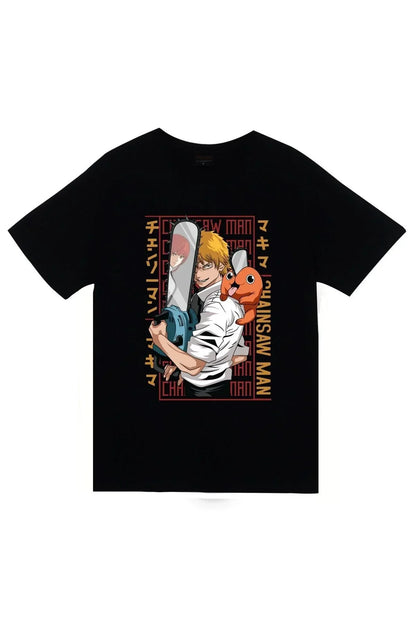 Chainsaw Man Pembe cerceveli anime karakter posteri Baskılı Unisex %100 Pamuk Siyah T-shirt