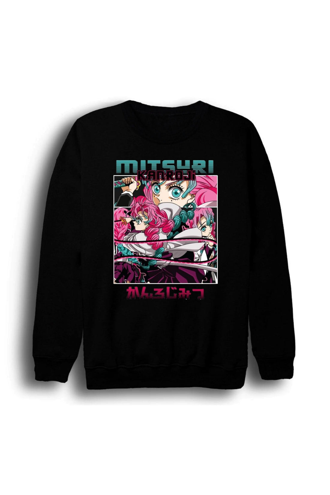 Demon Slayer - Mitsuri Kanroji - Anime Baskılı Unisex %100 Pamuk Sweatshirt – Siyah