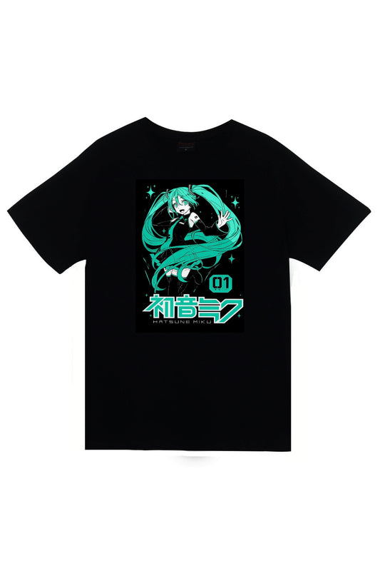Hatsune Miku Anime Baskılı Unisex %100 Pamuk Siyah T-shirt