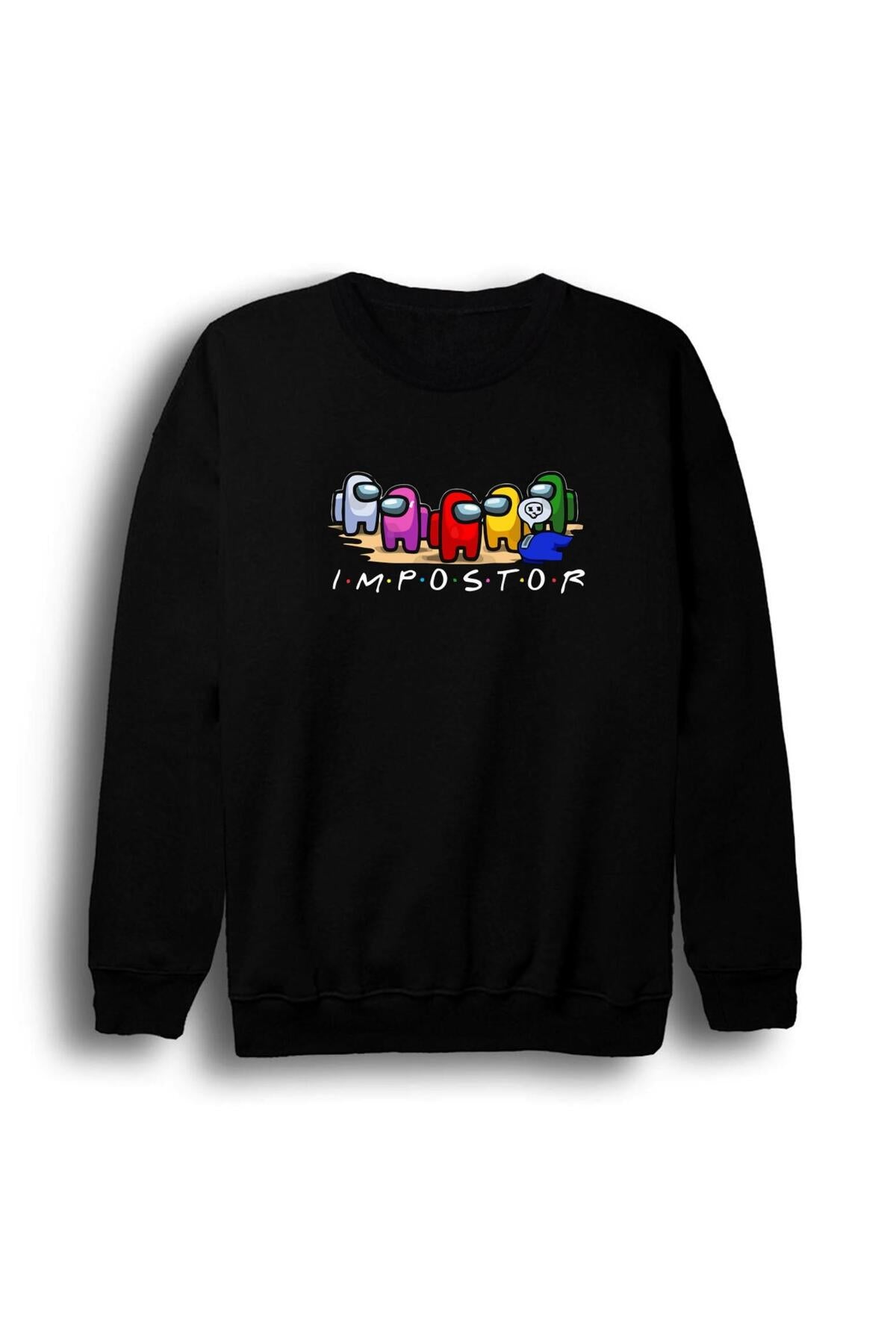 Erkek Siyah Among Us Oyun Baskılı Bisiklet Yaka Sweatshirt