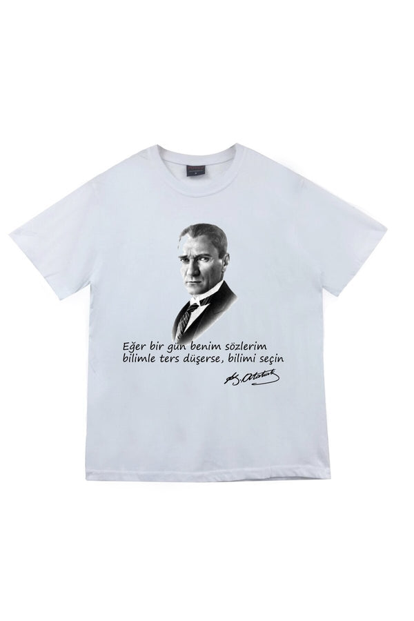 Unisex Beyaz Gazi Mustafa Kemal Atatürk Ataturk portre ve soz baskılı beyaz tişört