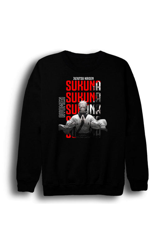 Jujutsu Kaisen - Sukuna - Anime Baskılı Unisex %100 Pamuk Siyah Bisiklet Yaka Sweatshirt