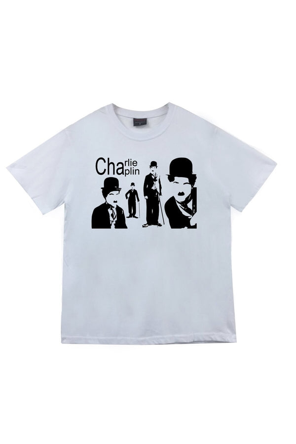 Unisex Charlie Chaplin baskılı beyaz tişört