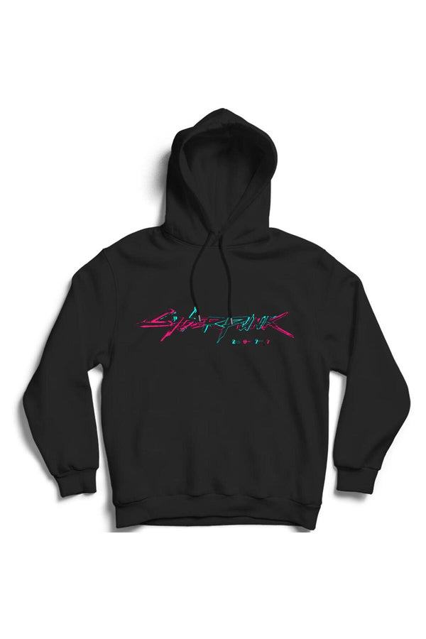 Cyber Punk Neon logo baskılı siyah kapüşonlu sweatshirt