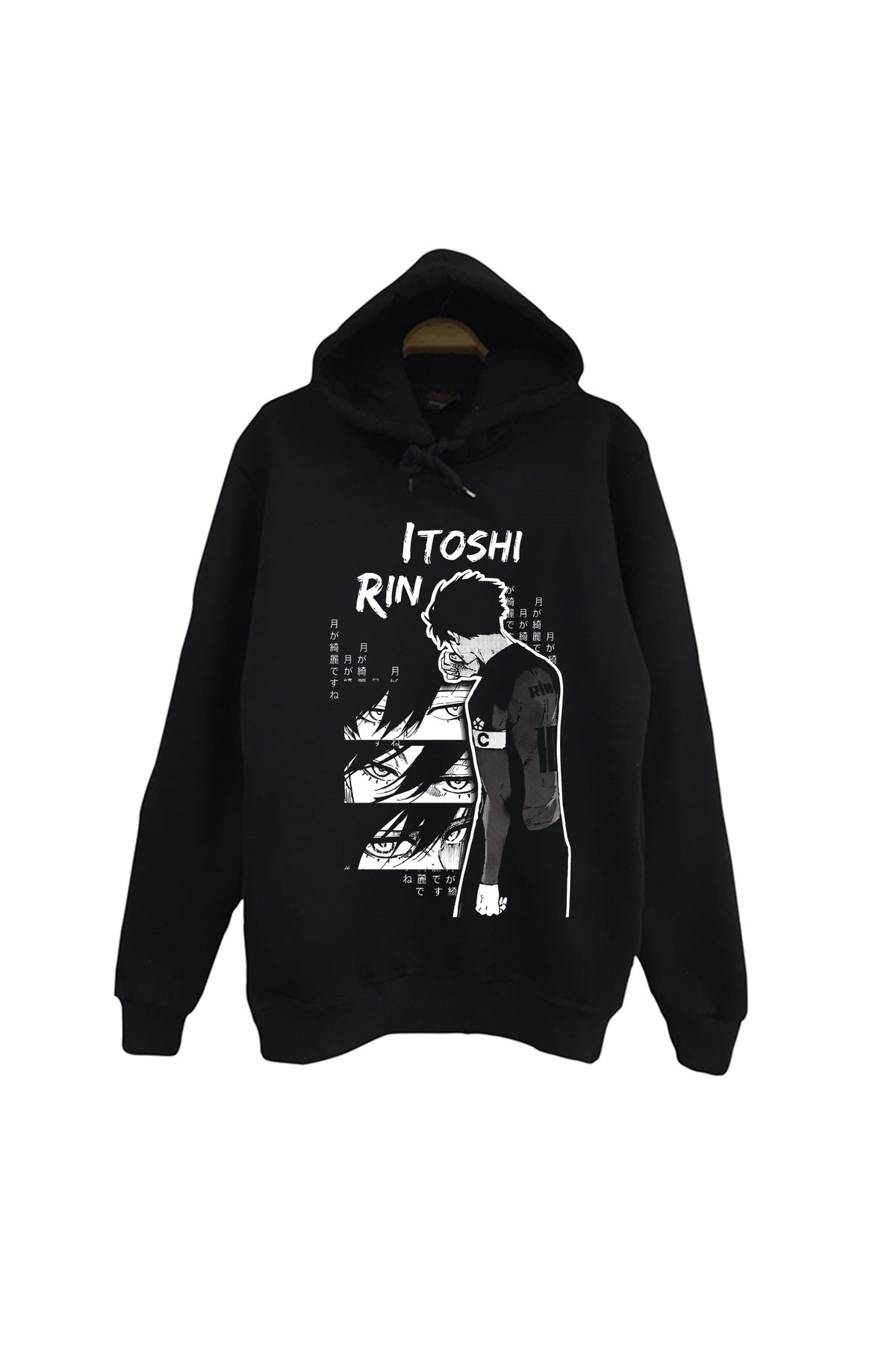 Blue Lock, Rin İtoshi Anime Baskılı Unisex %100 Pamuk Siyah Kapüşonlu Sweatshirt