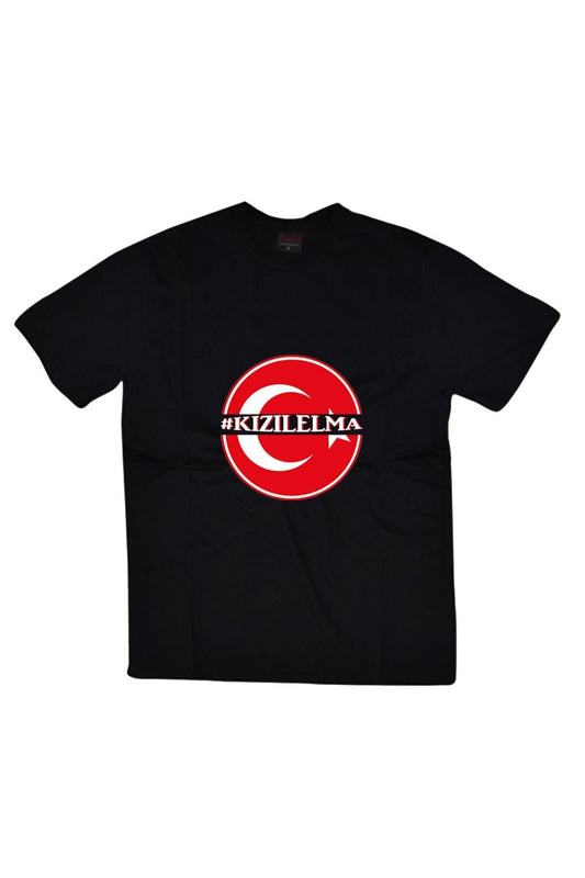 Unisex Siyah Kızıl Elma Baskılı T-shirt