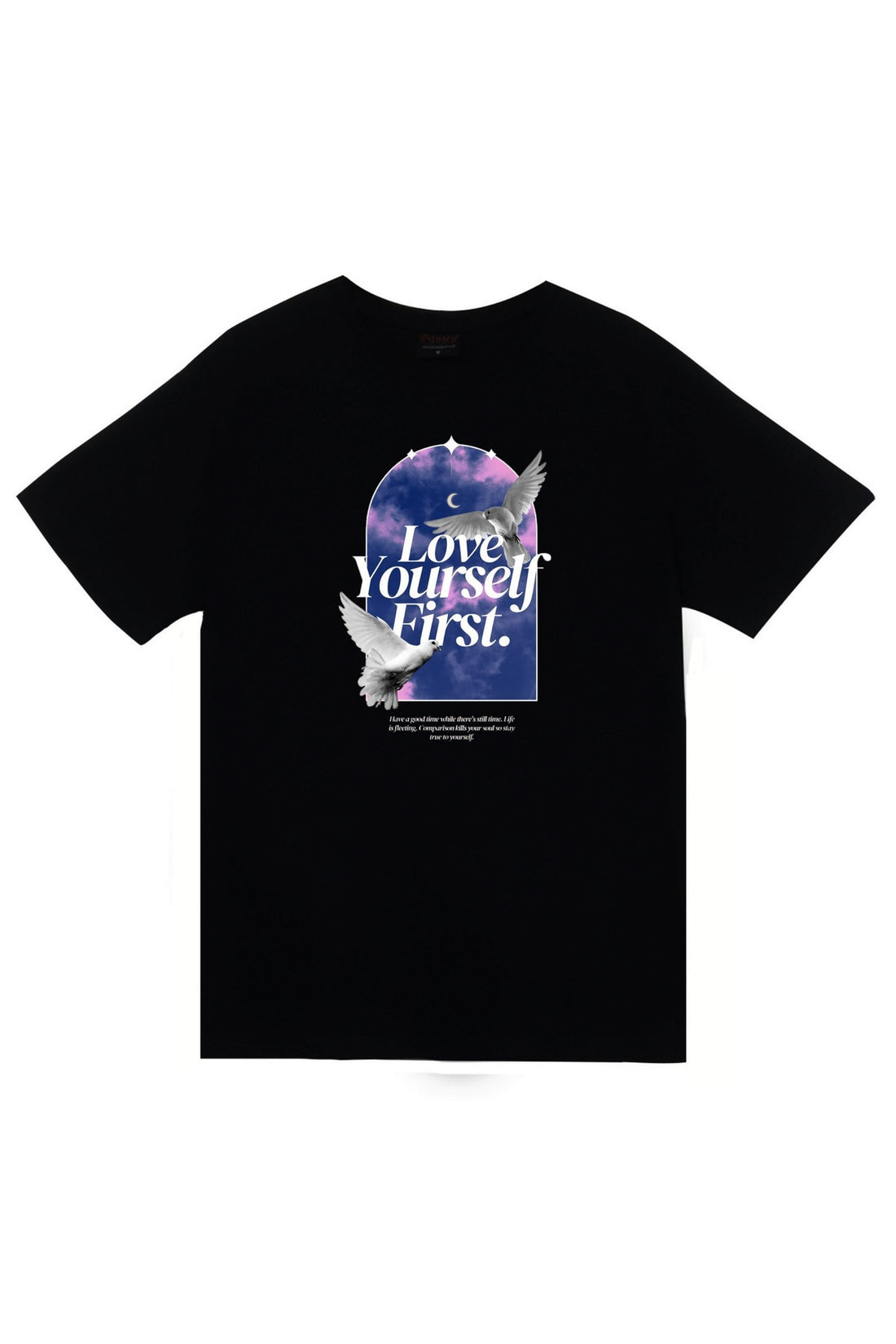 Love Yourself First - Kuş - Gökyüzü - Ay baskılı siyah tişört