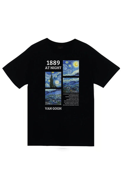 Vincent van Gogh Yildizli gece tablosu ve el yazisi imza Desen 2 Baskılı Unisex %100 Pamuk Siyah T-shirt