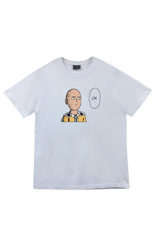 Saitama Anime Baskılı Unisex %100 Pamuk Beyaz T-shirt