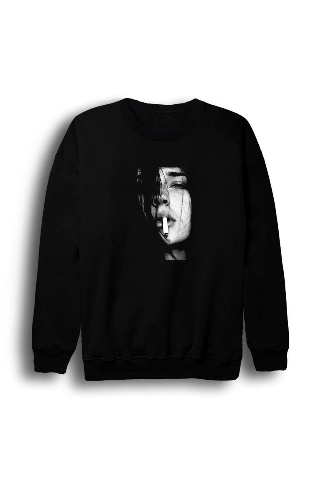 Kadın Siyah beyaz yarım yüz baskılı siyah sweatshirt