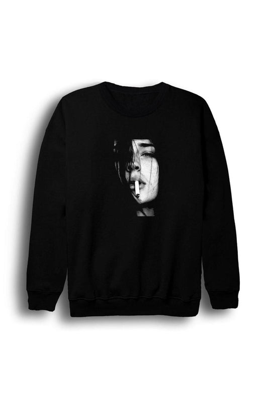Kadın Baskılı Bisiklet Yaka Sweatshirt