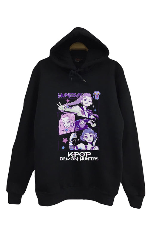 K-Pop Demon Hunters Baskılı Unisex %100 Pamuk Kapüşonlu Siyah Sweatshirt