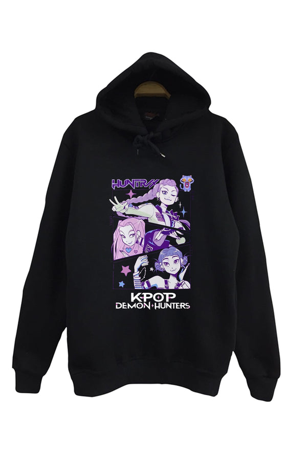 K-Pop Demon Hunters baskılı siyah kapüşonlu sweatshirt