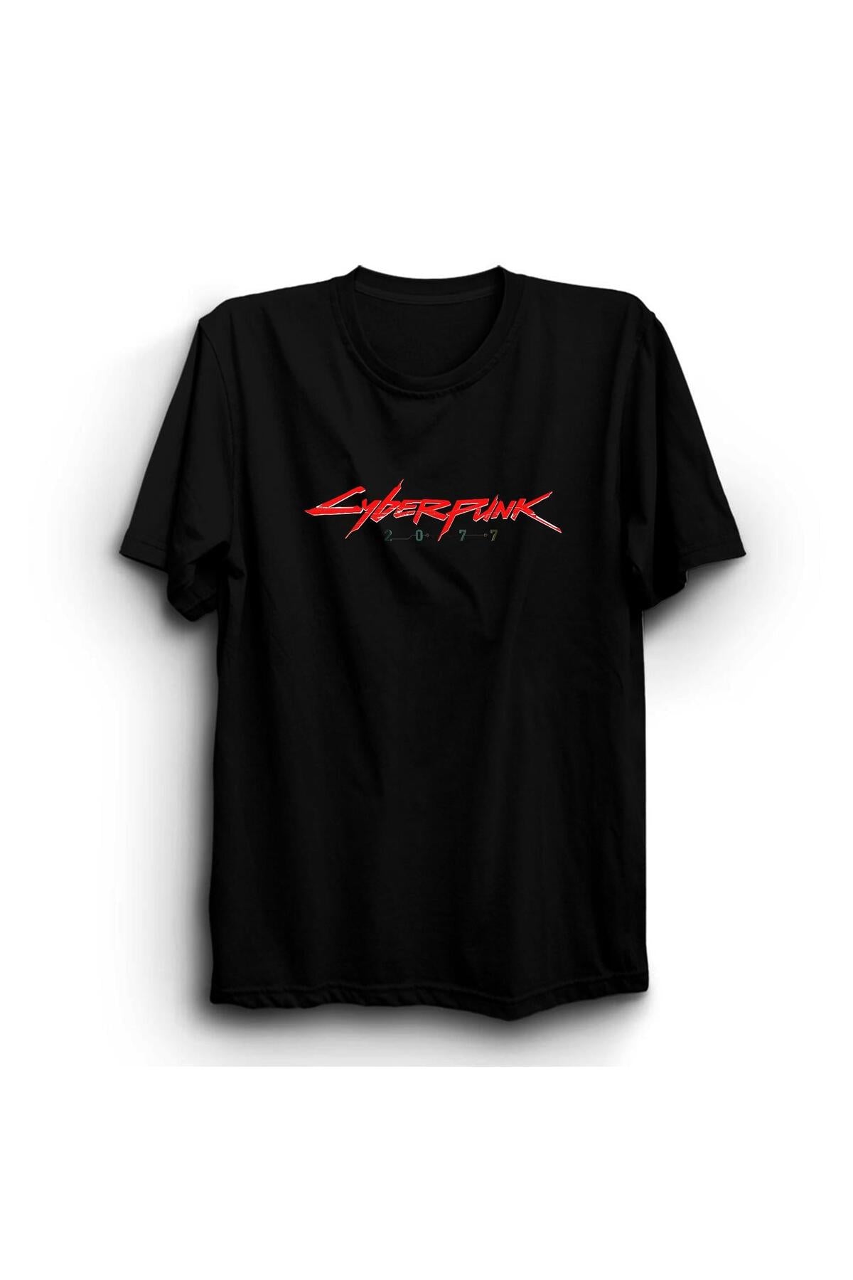 Unisex Siyah Cyberpunk 2077 Baskılı Tshirt