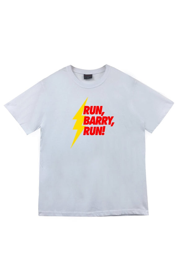 Unisex Beyaz Run Barry Run baskılı beyaz tişört