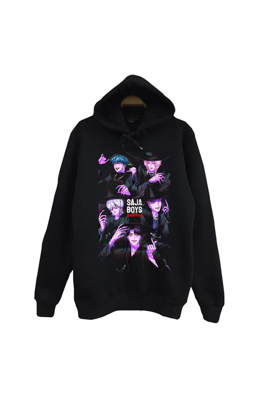 K-Pop Demon Hunters – Saja Boys Baskılı Unisex %100 Pamuk Siyah Kapüşonlu Sweatshirt