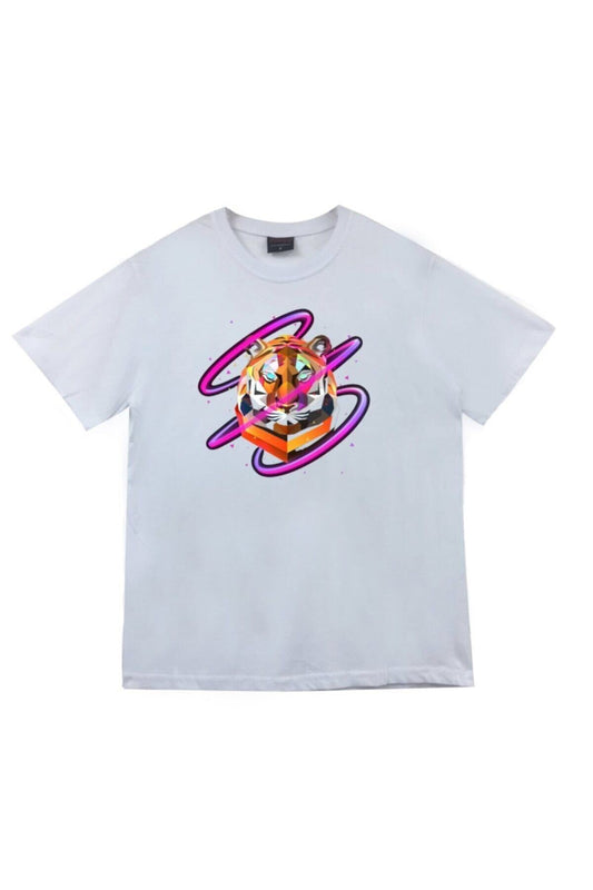 Kaplan Baskılı Unisex %100 Pamuk Beyaz T-shirt