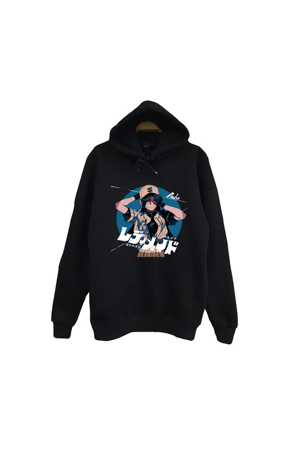 Ado Japon - K-Pop K-Pop - Şapkalı anime kız karakteri baskılı siyah kapüşonlu sweatshirt