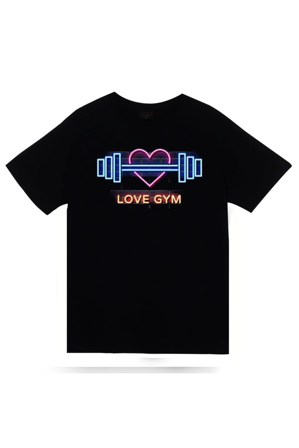 Gym, Fitness, Vucüt Geliştirme, Body Building, Love Gym Neon baskılı siyah tişört