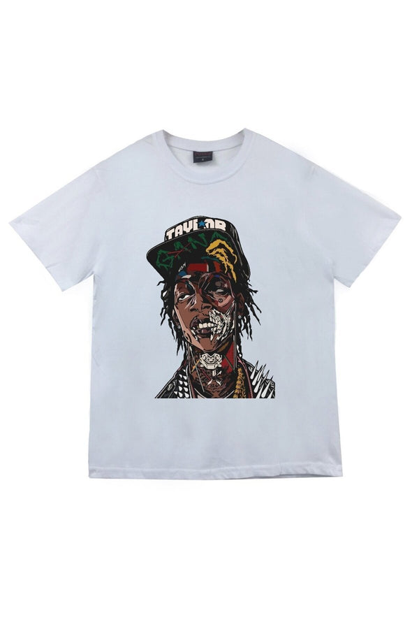 Unisex Wiz Khalifa Portre baskılı beyaz tişört