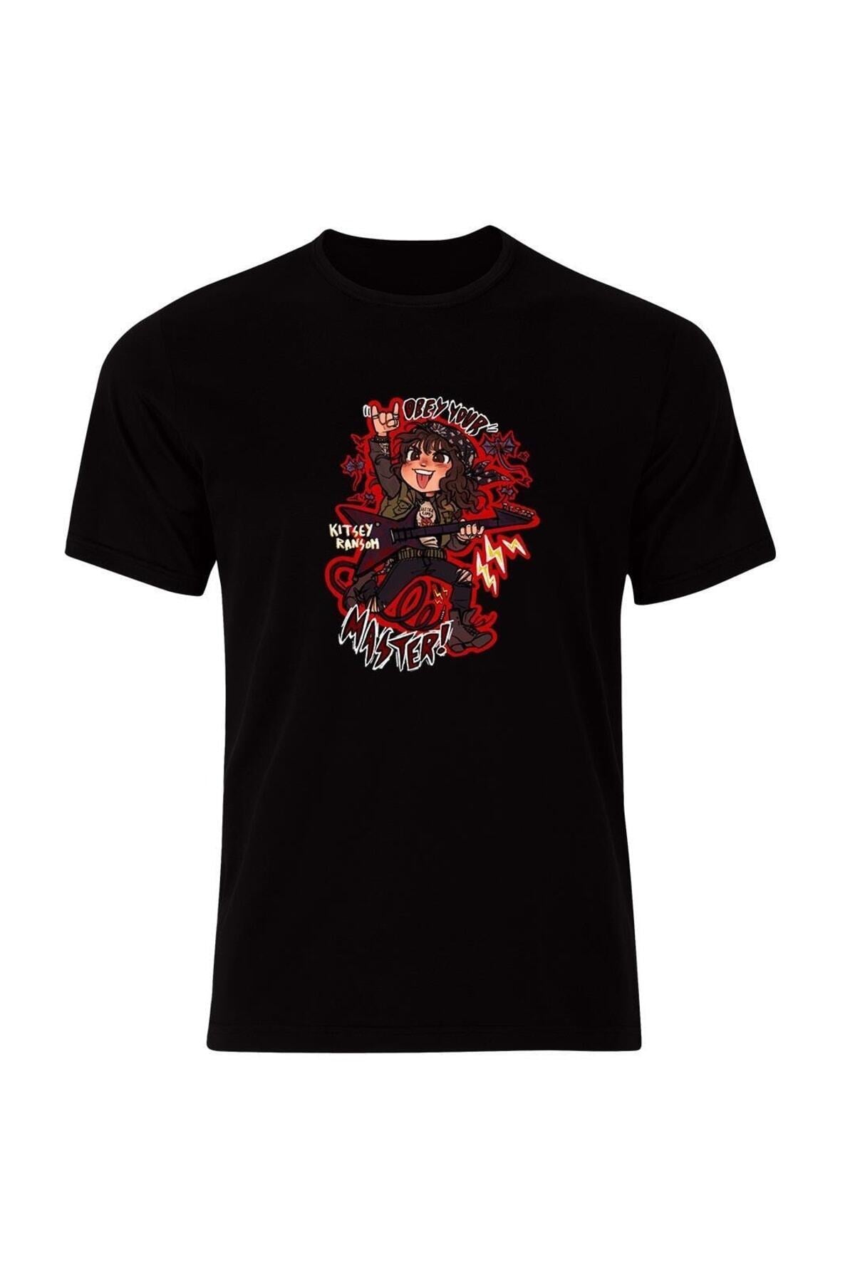 Stranger Things Baskılı Unisex %100 Pamuk Siyah T-shirt