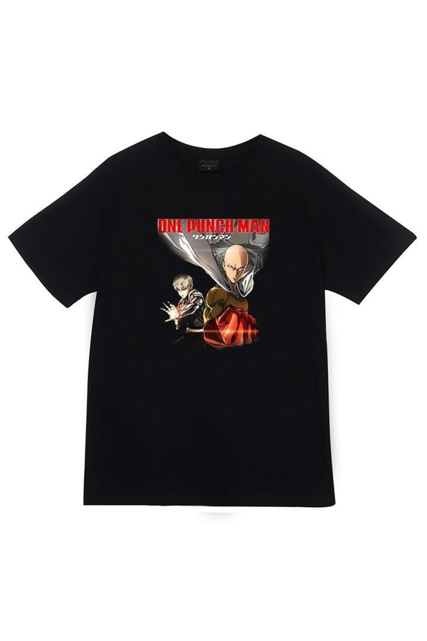 One Punch Man Anime Saitama aksiyon sahnesi baskılı siyah tişört