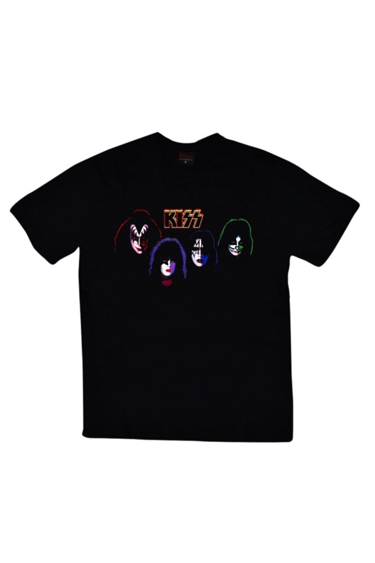 Kiss Baskılı Unisex %100 Pamuk Siyah T-shirt