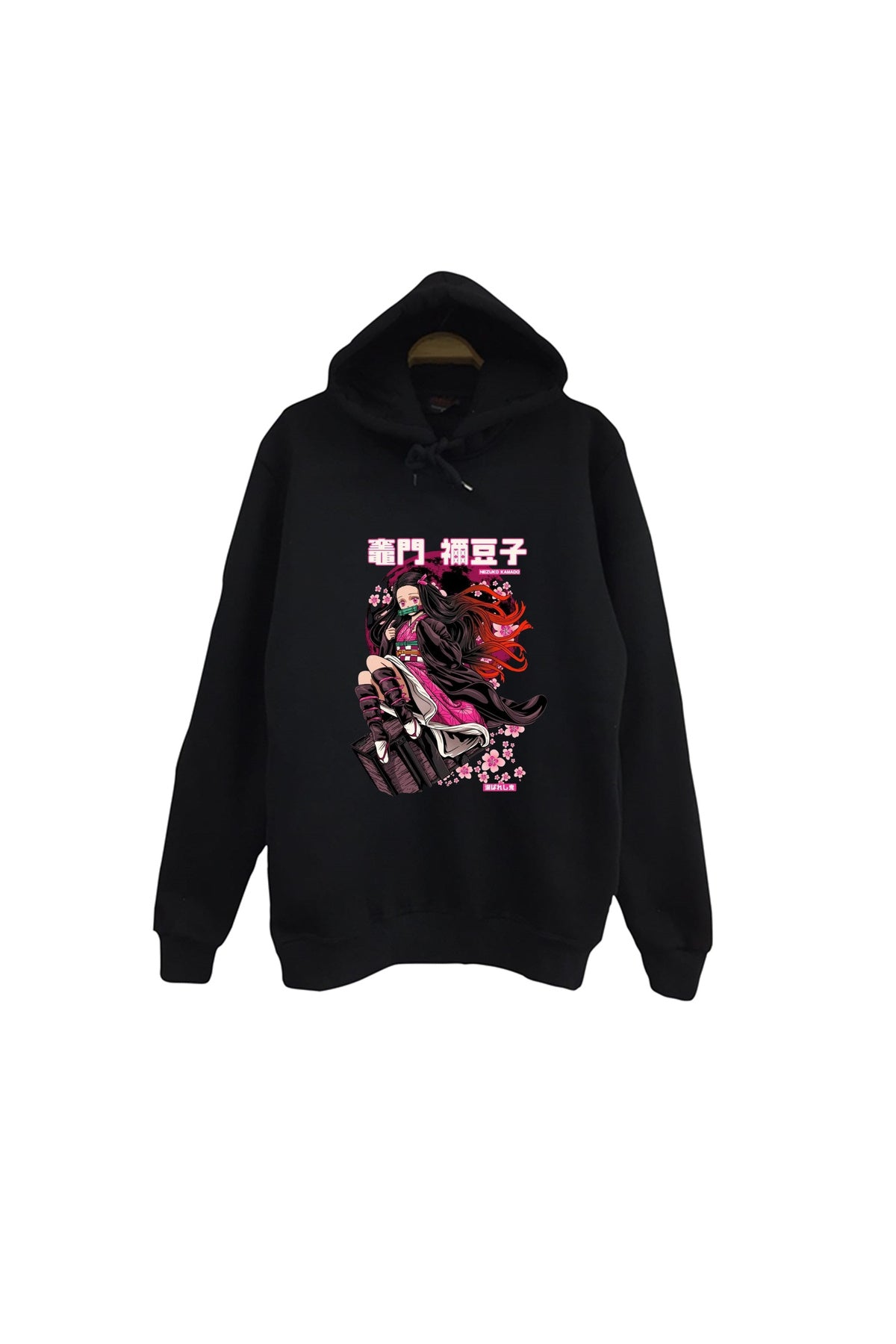 Demon Slayer Nezuko Kamado Anime Baskılı Unisex %100 Pamuk Kapüşonlu Siyah Sweatshirt