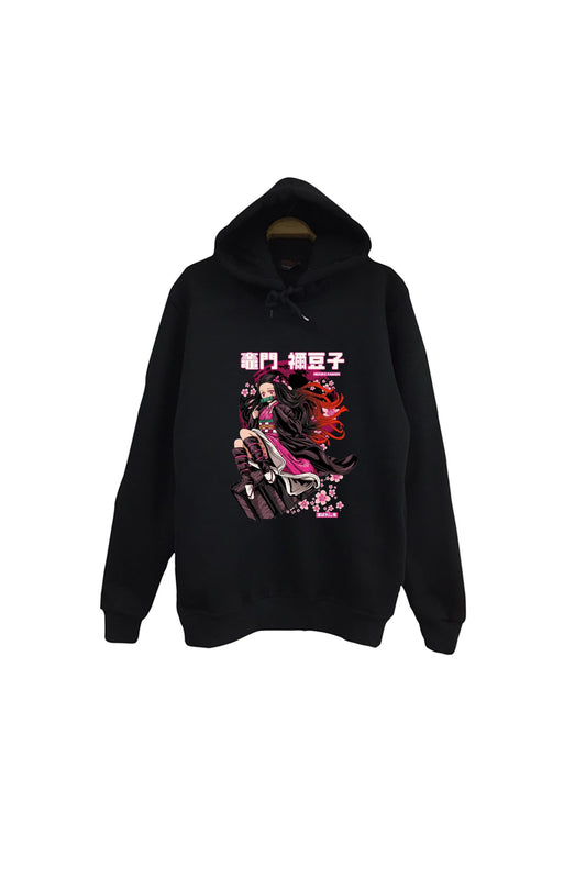 Demon Slayer Nezuko Kamado Anime Baskılı Unisex %100 Pamuk Kapüşonlu Siyah Sweatshirt